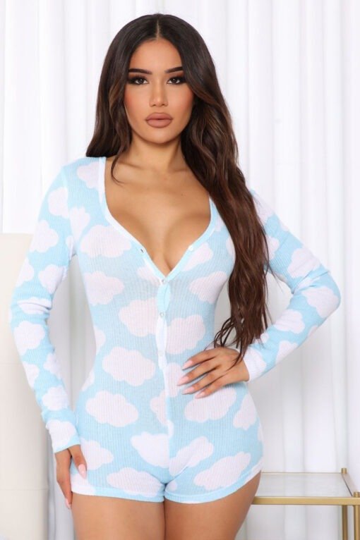 Women Clothing Nightwear Thread Home Wear V neck Printed Jumpsuit - Image 2