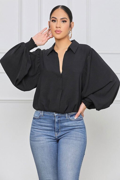 Shirt Women Design Women Clothing Loose Lapels Black Long Sleeve Solid Color Shirt Casual Spot