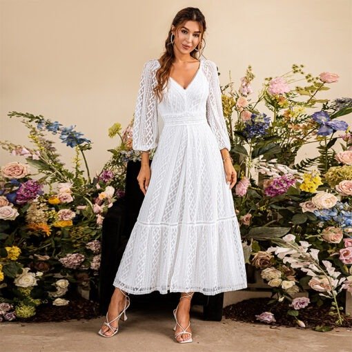 Women Spring Fall V Neck Lace Tulle Fishnet Midi Dress White Holiday Long Sleeve Dress A Line Dress