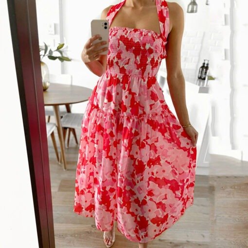 Spring Summer Women Printed Sexy Suspenders Sleeveless Trendy Halter Dress