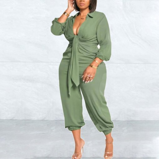 Plus Size Women Clothing Solid Color Casual Light Luxury V-neck Ankle-Tied Jumpsuit - Image 2