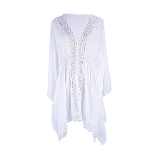 Artificial Cotton Lace Waist Elastic Band Beach Cover-up Sexy Loose Vacation Sun Protection Shirt Bikini Cover - Image 5