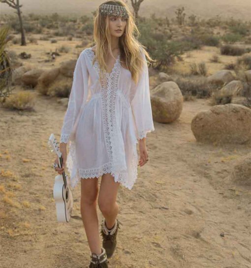 Artificial Cotton Lace Waist Elastic Band Beach Cover-up Sexy Loose Vacation Sun Protection Shirt Bikini Cover - Image 3