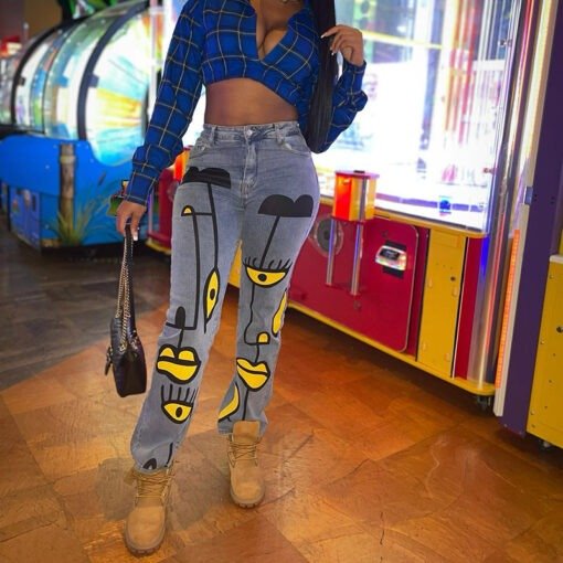 Women Clothing Summer Printed Personality Street Trendy Slim Fit Stretch Jeans Women - Image 3
