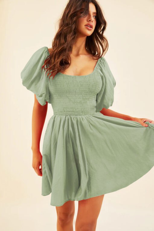 Spring Summer Square Collar Lantern Short Sleeve Elegant Dress French High Sense Dress - Image 3