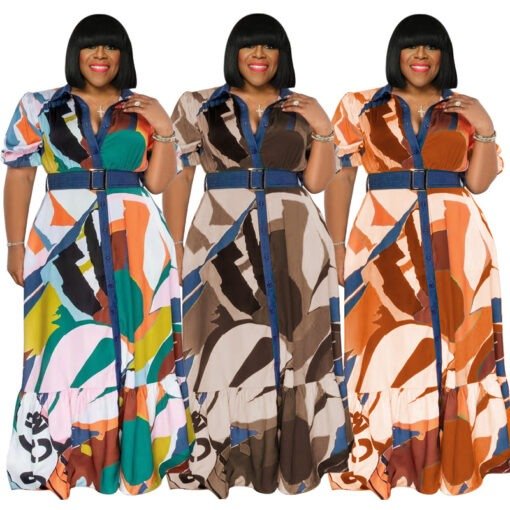 Plus Size Summer  Color Printing with Belt Loose  Women Clothing Dress - Image 5