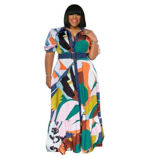 Plus Size Summer  Color Printing with Belt Loose  Women Clothing Dress - Image 4