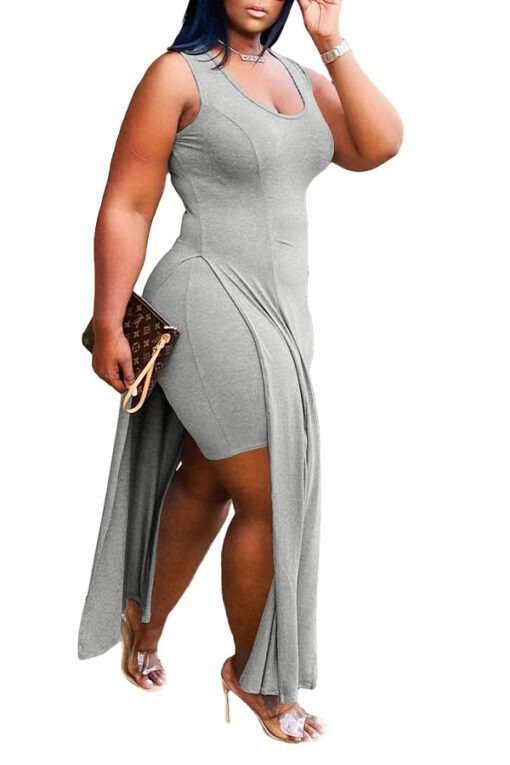 Plus Size Women Clothing Solid Color Sexy Sleeveless Dress two piece set - Image 3