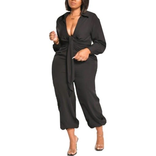 Plus Size Women Clothing Solid Color Casual Light Luxury V-neck Ankle-Tied Jumpsuit - Image 3