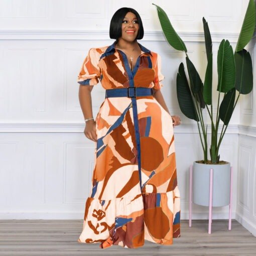 Plus Size Summer  Color Printing with Belt Loose  Women Clothing Dress - Image 3