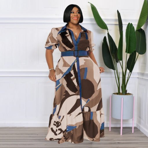 Plus Size Summer  Color Printing with Belt Loose  Women Clothing Dress - Image 2