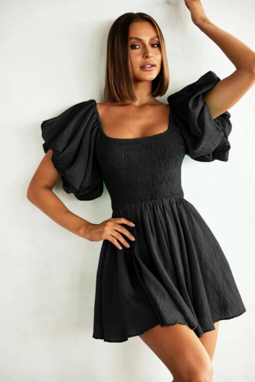 Spring Summer Square Collar Lantern Short Sleeve Elegant Dress French High Sense Dress - Image 4