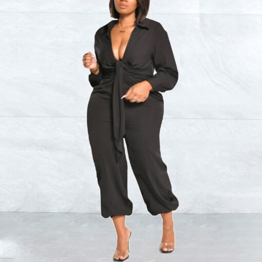 Plus Size Women Clothing Solid Color Casual Light Luxury V-neck Ankle-Tied Jumpsuit