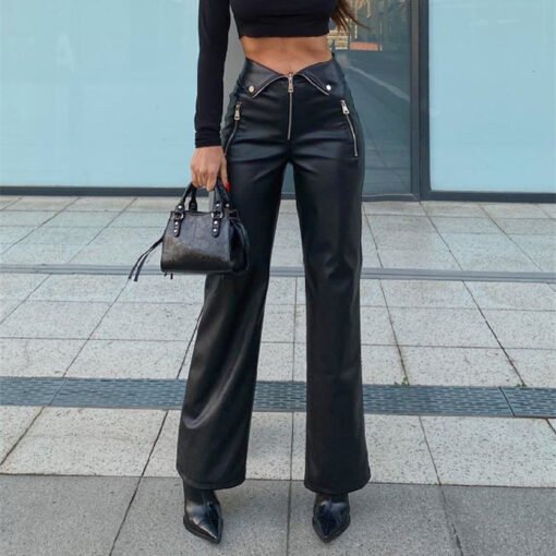 Fall Women High Waist Straight Loose Wide Leg Casual Pants Leather Pants - Image 2