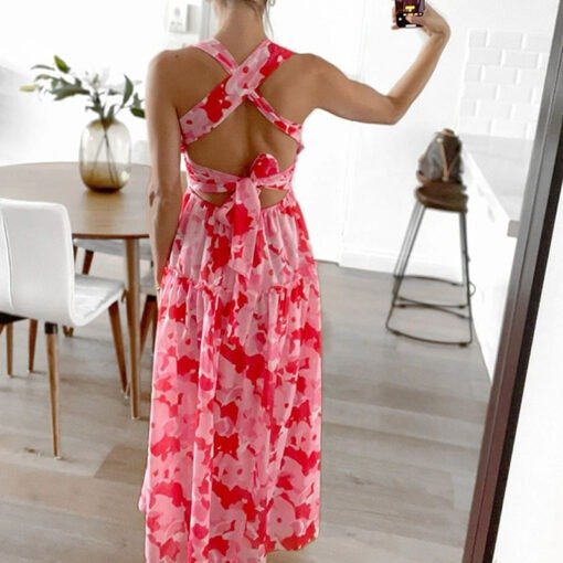 Spring Summer Women Printed Sexy Suspenders Sleeveless Trendy Halter Dress - Image 4