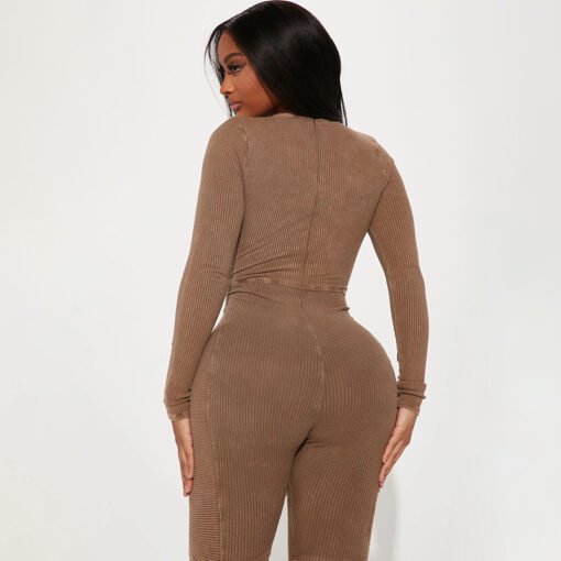 Women Wear Solid Color Split Sexy Cutout Distressed Rib Tight Jumpsuit Spring Autumn - Image 3