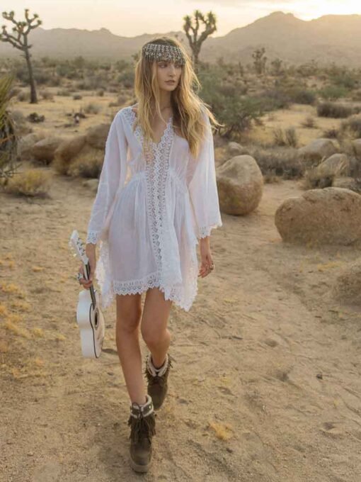 Artificial Cotton Lace Waist Elastic Band Beach Cover-up Sexy Loose Vacation Sun Protection Shirt Bikini Cover - Image 2