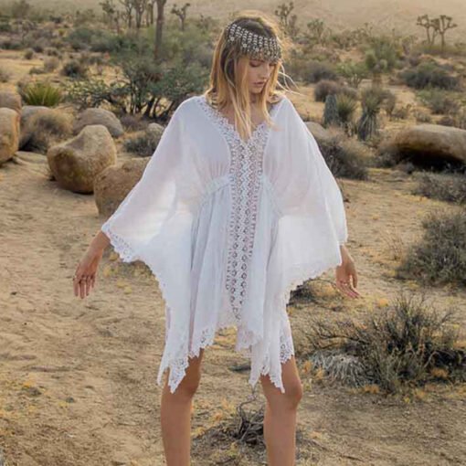 Artificial Cotton Lace Waist Elastic Band Beach Cover-up Sexy Loose Vacation Sun Protection Shirt Bikini Cover