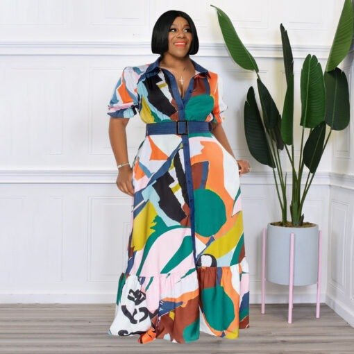 Plus Size Summer  Color Printing with Belt Loose  Women Clothing Dress