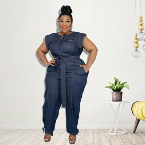 Plus Size Women  Clothing  Autumn New Denim Short Sleeve Wash Jumpsuit Trousers Sexy  New