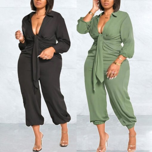 Plus Size Women Clothing Solid Color Casual Light Luxury V-neck Ankle-Tied Jumpsuit - Image 5