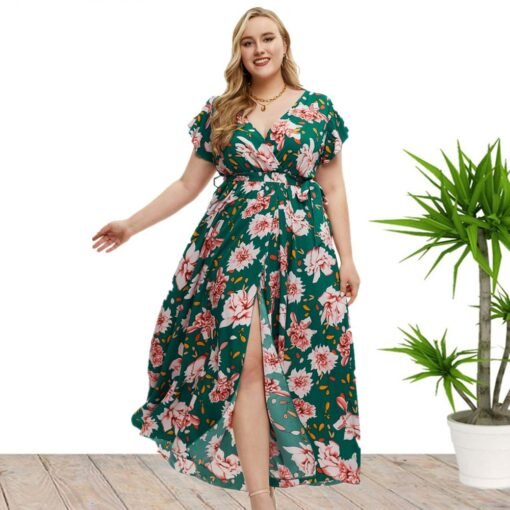 Plus Size Women Clothes Summer Short Sleeve Floral Print Slit Dress