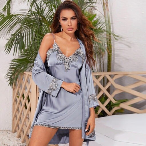 Pajamas Women Ice Silk Sexy Pattern Artificial Silk Women Five Piece Set Suspender Shorts Nightgown Home