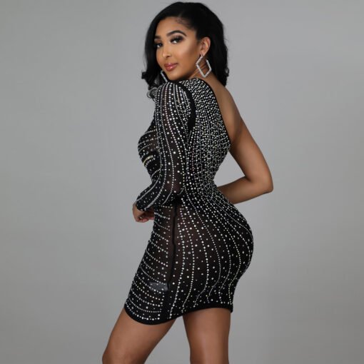 Shoulder Long Sleeve Irregular Asymmetric Rhinestone Dress Sexy Night Club Women - Image 2