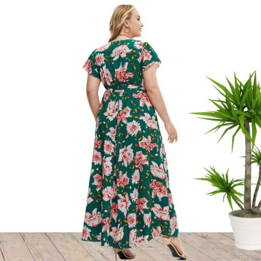 Plus Size Women Clothes Summer Short Sleeve Floral Print Slit Dress - Image 4