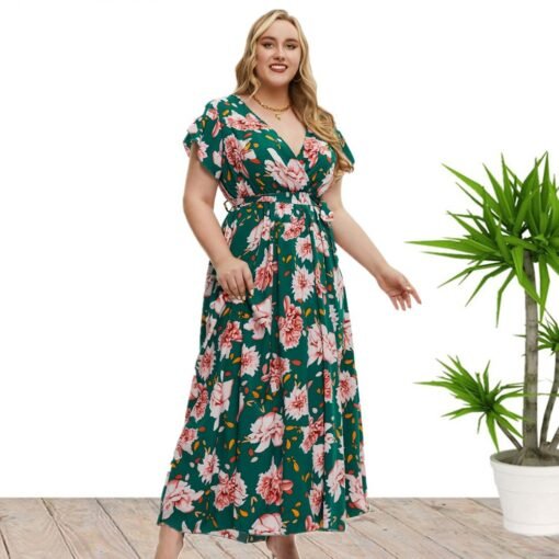 Plus Size Women Clothes Summer Short Sleeve Floral Print Slit Dress - Image 2