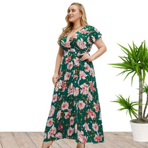 Plus Size Women Clothes Summer Short Sleeve Floral Print Slit Dress - Image 3